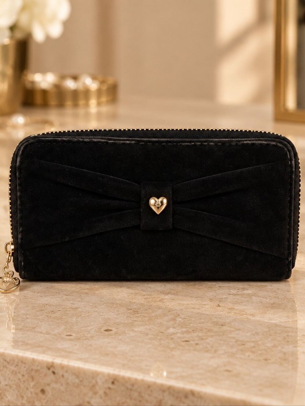 Juicy Couture Black Velvet Bow Zip-Around Wallet with Heart Charm